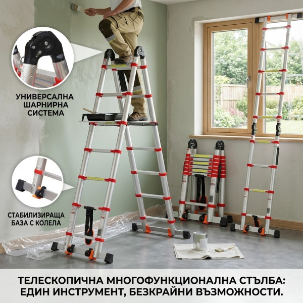 Телескопична алуминиева стълба 4.4м (2х2.2м), комбинирана с панти, 2 стабилизатора и чанта, 150кг