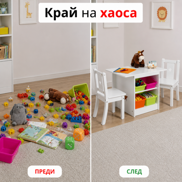 Детски комплект маса + 2 стола и 4 кутии за съхранение – мултифункционален, безопасен и компактен