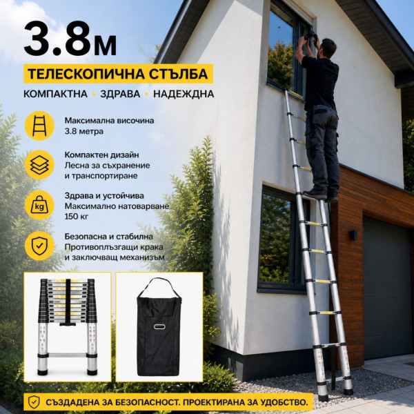 Професионална алуминиева телескопична стълба, 3.8 м, до 150 кг + чанта за пренасяне