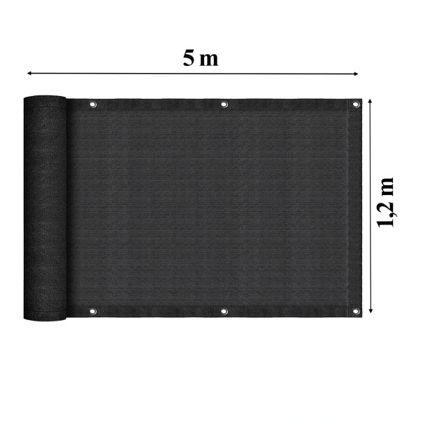 Покривало за балкон и тераса, 1.2х5 м, HDPE 180 г/м², 95% UV защита, Тъмно сиво