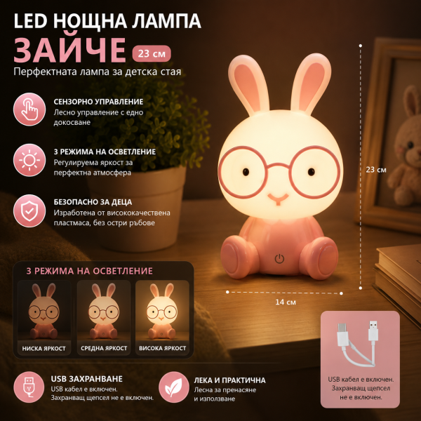 Детска LED нощна лампа Зайче – 3 нива на яркост, сензорно управление и USB захранване, Розова 5