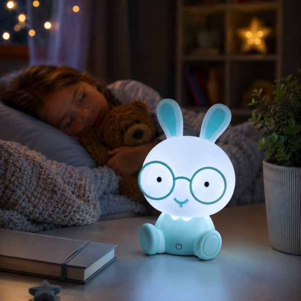 Детска LED нощна лампа Зайче – 23 см, 3 нива на яркост, сензорно управление и USB захранване, Синя 3