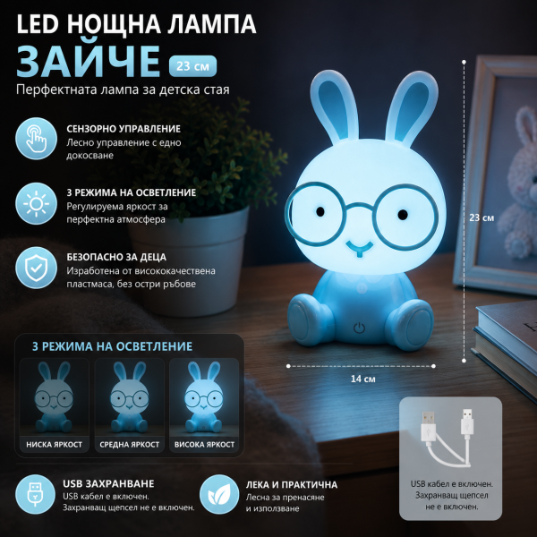 Детска LED нощна лампа Зайче – 23 см, 3 нива на яркост, сензорно управление и USB захранване, Синя 4