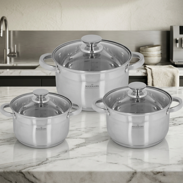 Комплект тенджери Maxmark 6 части от неръждаема стомана с многослойно индукционно дъно и стъклени капаци 3