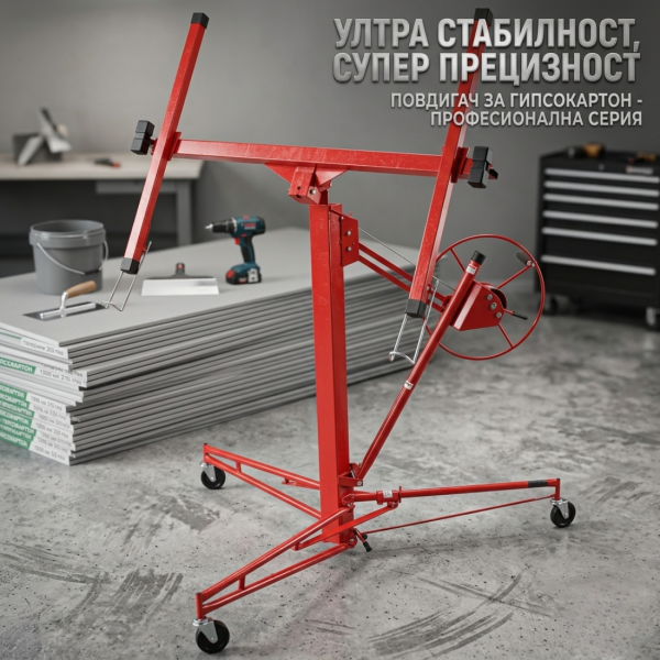 Професионален повдигач за панели – с въртяща се система и двойна сигурност за безопасно повдигане до 335 см