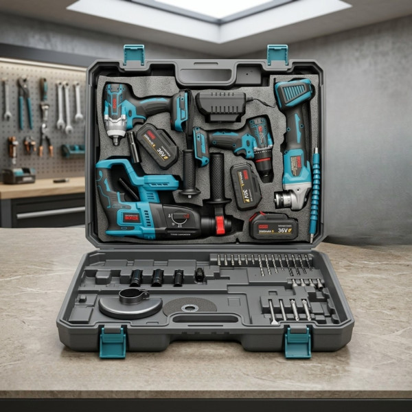 Комплект акумулаторни инструменти BOXER BX-187 – 4в1 + 3x5Ah батерии – Перфоратор, ударна отвертка, ъглошлайф и бормашина 1