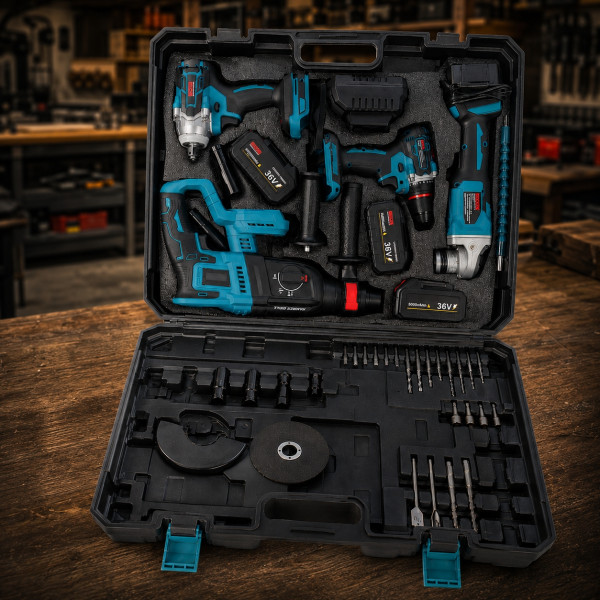 Комплект акумулаторни инструменти BOXER BX-187 – 4в1 + 3x5Ah батерии – Перфоратор, ударна отвертка, ъглошлайф и бормашина