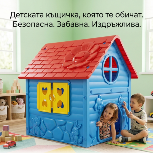 Детска градинска къщичка – Синя къща за игра на открито и закрито с отваряеми врати и прозорци