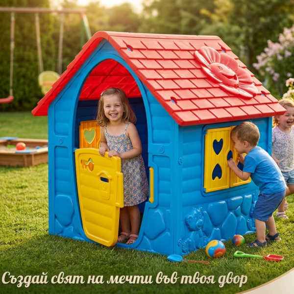Детска градинска къщичка – Синя къща за игра на открито и закрито с отваряеми врати и прозорци 2