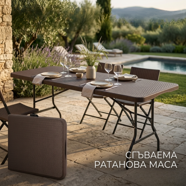 Сгъваема ратанова градинска маса 180x74x74 см – кафяв ратан, лека и удобна 3