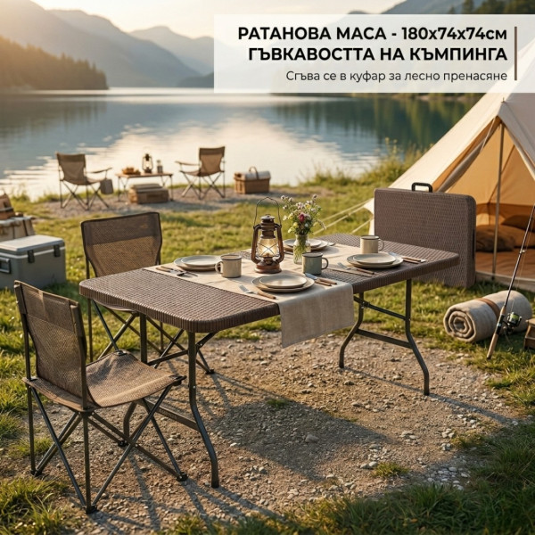 Сгъваема ратанова градинска маса 180x74x74 см – кафяв ратан, лека и удобна 2
