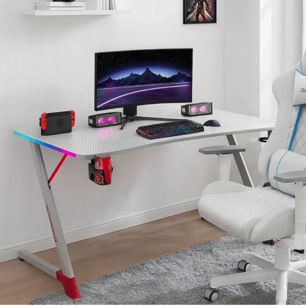 Геймърско бюро с RGB LED осветление, Бяло, 120 см – Карбоново покритие, Поставка за чаша и слушалки 2
