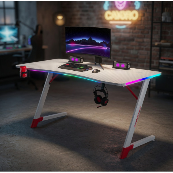 Геймърско бюро с RGB LED осветление, Бяло, 120 см – Карбоново покритие, Поставка за чаша и слушалки 3