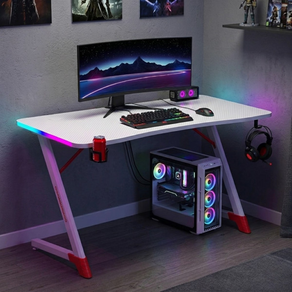Геймърско бюро с RGB LED осветление, Бяло, 120 см – Карбоново покритие, Поставка за чаша и слушалки