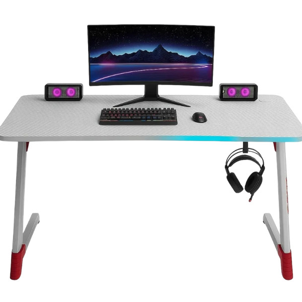 Геймърско бюро с RGB LED осветление, Бяло, 120 см – Карбоново покритие, Поставка за чаша и слушалки