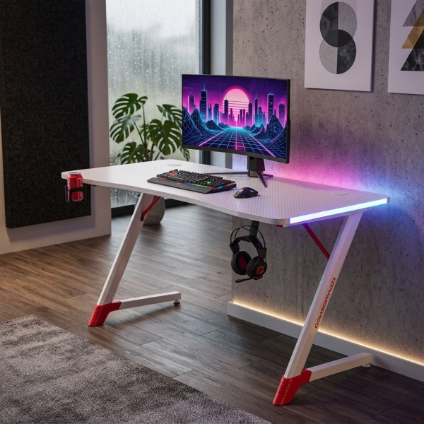 Бяло геймърско бюро с RGB LED осветление, 140 см – Карбоново покритие, поставка за чаша и слушалки