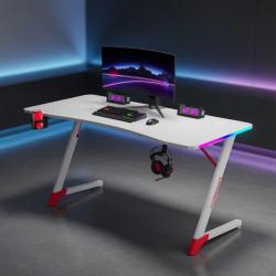 Бяло геймърско бюро с RGB LED осветление, 140 см – Карбоново покритие, поставка за чаша и слушалки