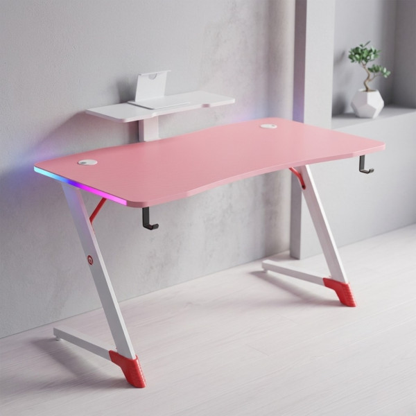 Розово геймърско бюро 120см с RGB LED осветление, Карбонов плот и Стоманена конструкция