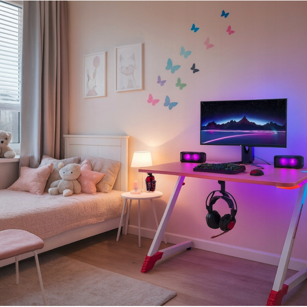 Розово геймърско бюро 120см с RGB LED осветление, Карбонов плот и Стоманена конструкция