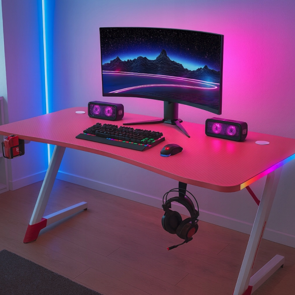 Розово геймърско бюро 120см с RGB LED осветление, Карбонов плот и Стоманена конструкция