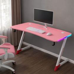 Розово геймърско бюро 120см с RGB LED осветление, Карбонов плот и Стоманена конструкция