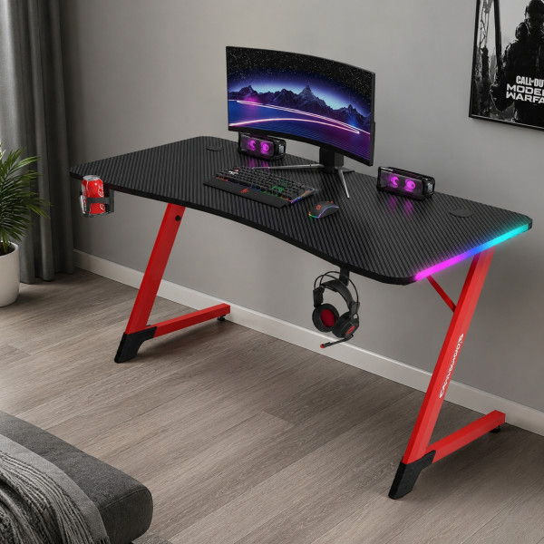 Геймърско бюро с RGB LED подсветка, карбонов плот и стоманена Z-конструкция, 120 см, черно/червено 1