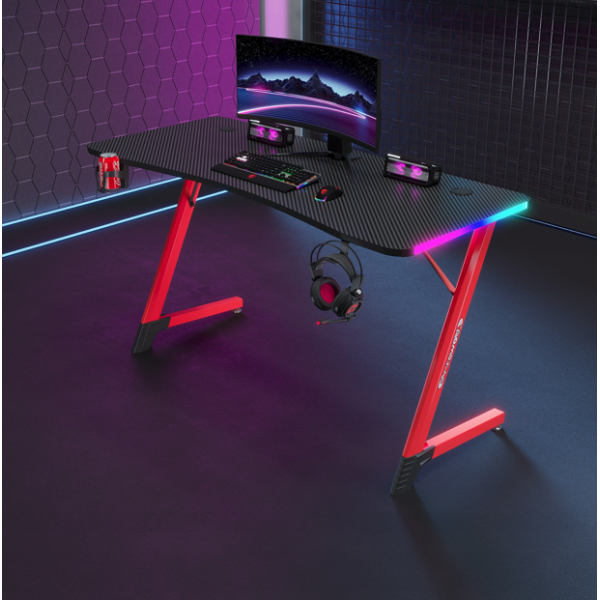 Геймърско бюро с RGB LED подсветка, карбонов плот и стоманена Z-конструкция, 120 см, черно/червено 4