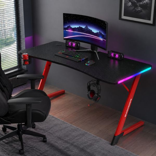 Геймърско бюро с RGB LED подсветка, карбонов плот и стоманена Z-конструкция, 120 см, черно/червено 7