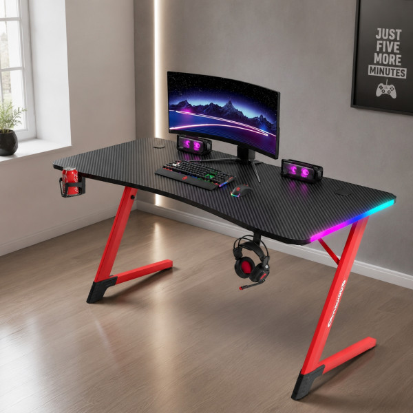 Геймърско бюро с RGB LED подсветка, карбонов плот 140 см, поставка за напитки и слушалки – Черно/червено