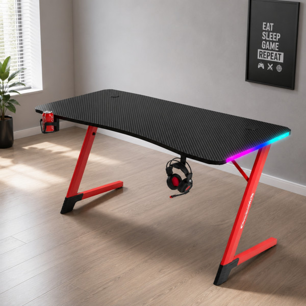 Геймърско бюро с RGB LED подсветка, карбонов плот 140 см, поставка за напитки и слушалки – Черно/червено 4
