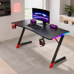 Геймърско бюро с RGB LED, Карбонов плот и поставки за чаша и слушалки – 120 см, черно