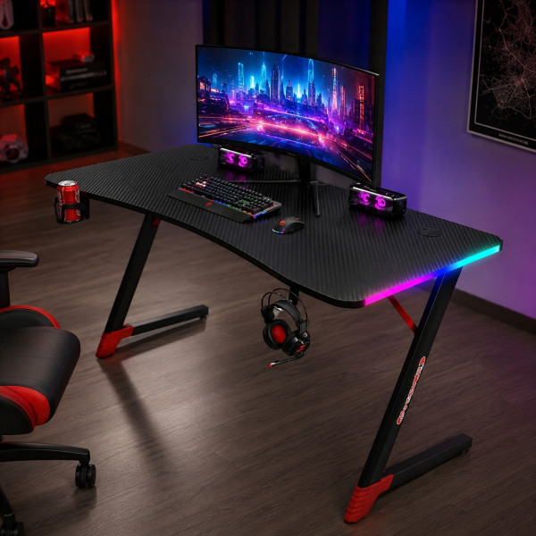 Геймърско бюро с RGB LED, Карбонов плот и поставки за чаша и слушалки – 120 см, черно 3