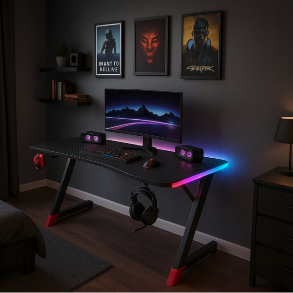 Геймърско бюро с RGB LED, Карбонов плот и поставки за чаша и слушалки – 120 см, черно 8