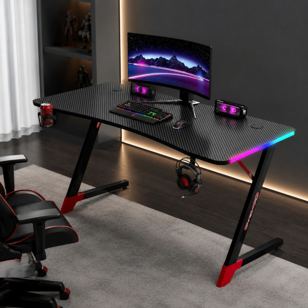 Геймърско бюро с RGB LED подсветка, карбонов плот 140 см, поставка за чаша и слушалки – Черно