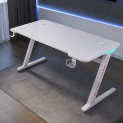 Геймърско бюро 120 см с RGB LED подсветка, карбонов плот, поставка за чаша и стойка за слушалки – Бяло