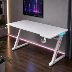 Геймърско бюро 140 см с RGB LED осветление, поставка за чаша и държач за слушалки – Бяло