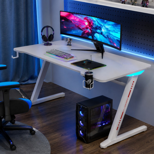 Геймърско бюро 140 см с RGB LED осветление, поставка за чаша и държач за слушалки – Бяло