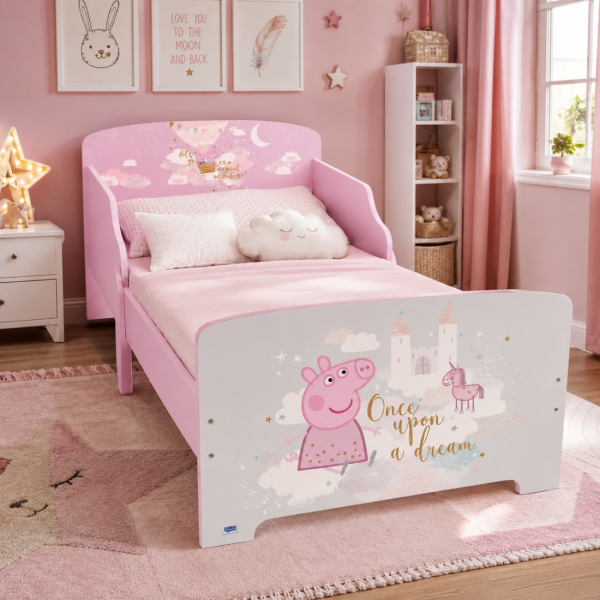 Детско легло Peppa Pig 140x70 см с ламелна основа – Розово легло с Пепа Пиг, замък и еднорог 3