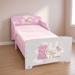 Детско легло Peppa Pig 140x70 см с ламелна основа – Розово легло с Пепа Пиг, замък и еднорог