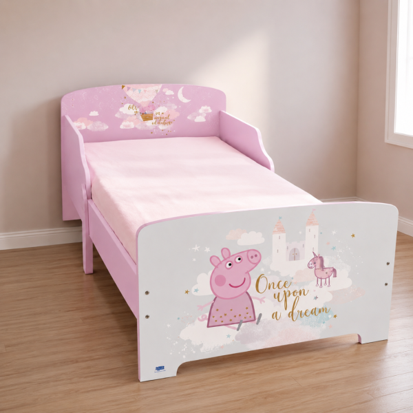 Детско легло Peppa Pig 140x70 см с ламелна основа – Розово легло с Пепа Пиг, замък и еднорог 1