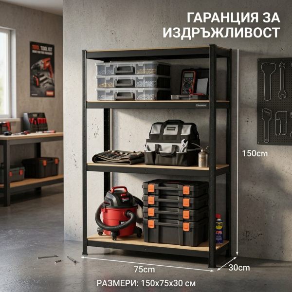 Здрав метален стелаж до 540 кг – Безвинтов гаражен рафт с 4 нива 150x75x30 см