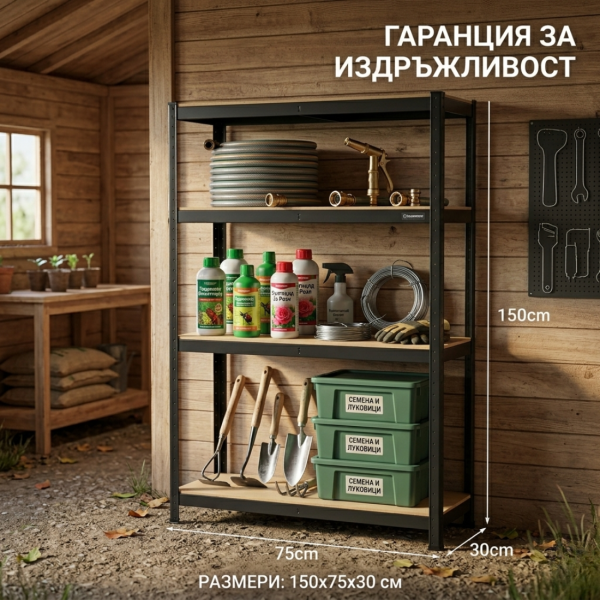 Здрав метален стелаж до 540 кг – Безвинтов гаражен рафт с 4 нива 150x75x30 см 3
