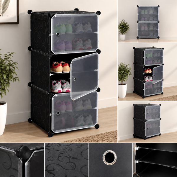 Черен модулен шкаф за обувки 3 модула – 6-етажен органайзер с вратички
