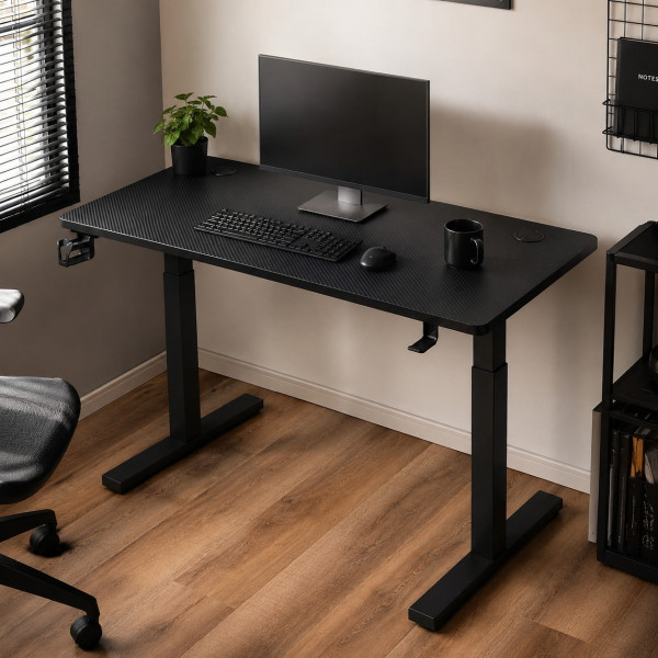 Ергономично статично бюро 120х60 см, Черно – със стойка за слушалки и  поставка за чаша