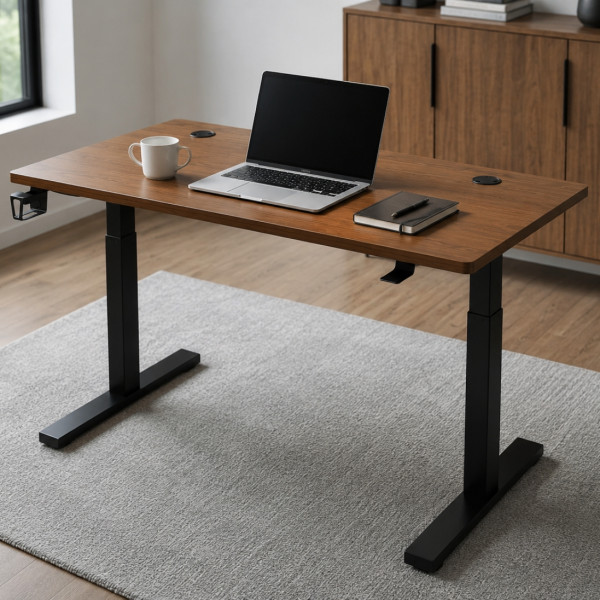 Практично кафяво бюро с вграден органайзер за кабели, 120x60 см - С поставка за чаша и слушалки 4