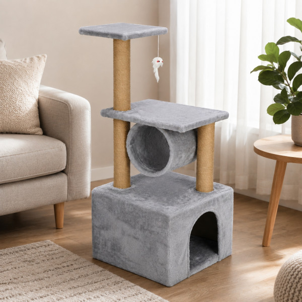 Драскалка за котки XL, 90 см – 4 нива с къщичка, тунел, играчки и сизалови колони