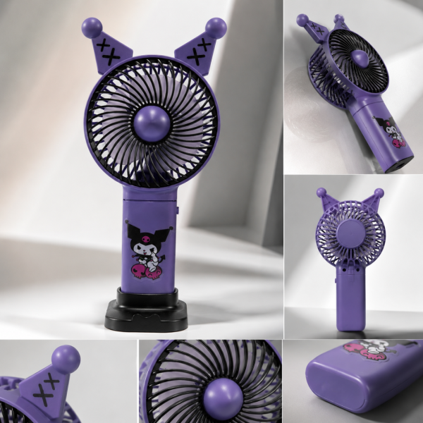 Kuromi USB вентилатор с поставка за телефон – Акумулаторен преносим вентилатор с ушички, 5 скорости и USB зареждане 3