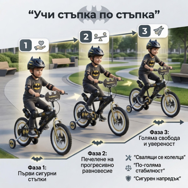 Детски велосипед Batman Dark Knight 16” с помощни колела, стоманена рамка и спирачки – за деца 5+ 5