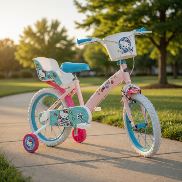 Детски велосипед Hello Kitty 16" с помощни колела, кошница и допълнително задно столче
