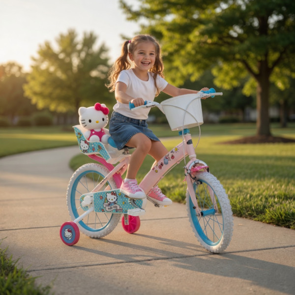 Детски велосипед Hello Kitty 16" с помощни колела, кошница и допълнително задно столче